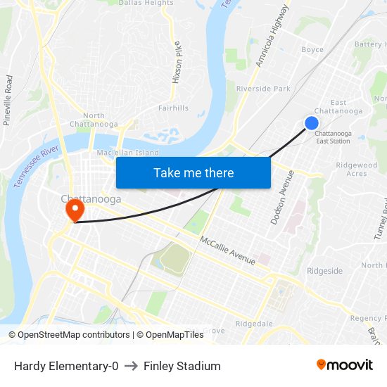Hardy Elementary-0 to Finley Stadium map