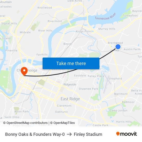 Bonny Oaks & Founders Way-0 to Finley Stadium map