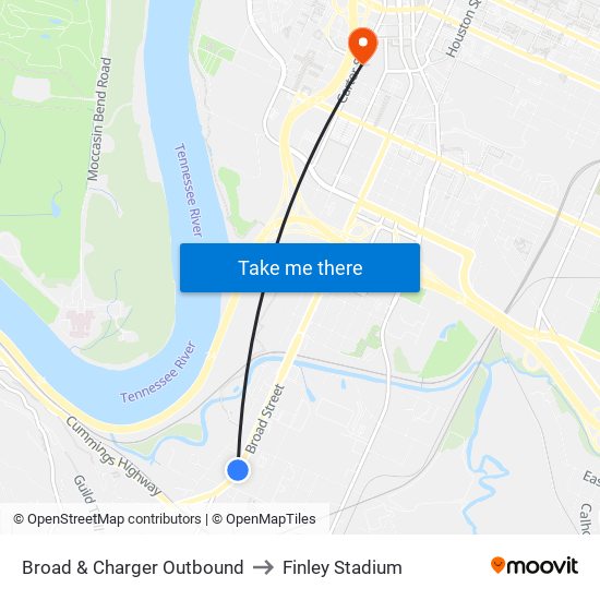 Broad & Charger Outbound to Finley Stadium map