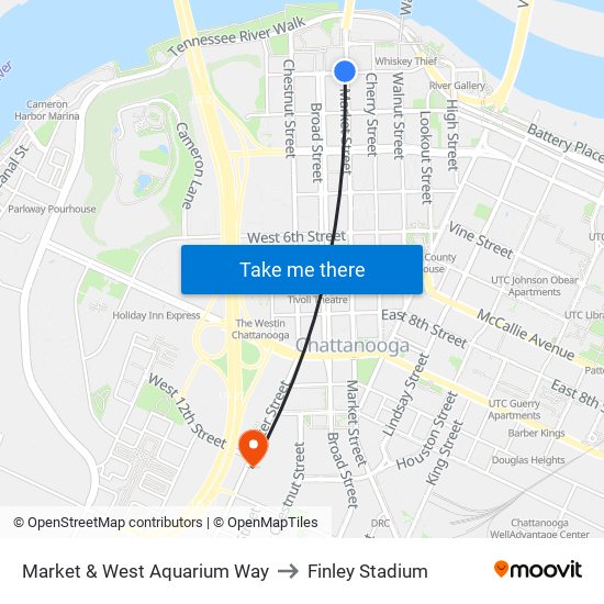 Market & West Aquarium Way to Finley Stadium map