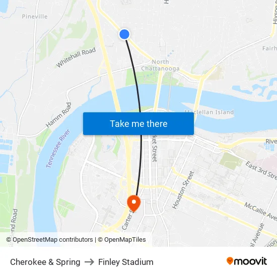 Cherokee & Spring to Finley Stadium map