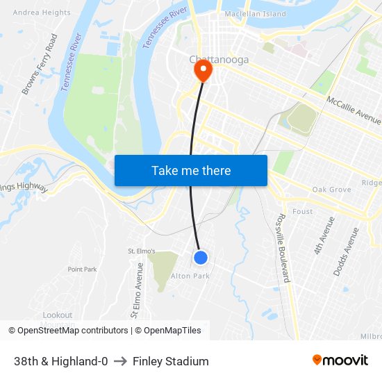 38th & Highland-0 to Finley Stadium map