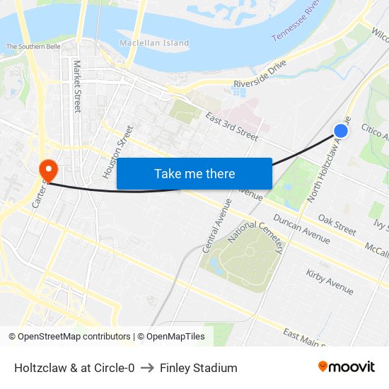 Holtzclaw & at Circle-0 to Finley Stadium map