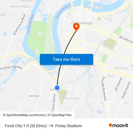 Food City-1-0 (St Elmo) to Finley Stadium map