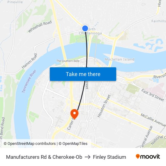 Manufacturers Rd & Cherokee-Ob to Finley Stadium map