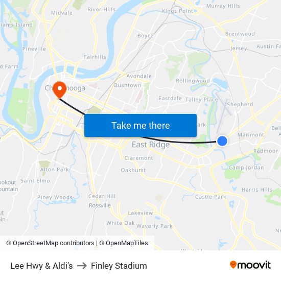 Lee Hwy & Aldi's to Finley Stadium map