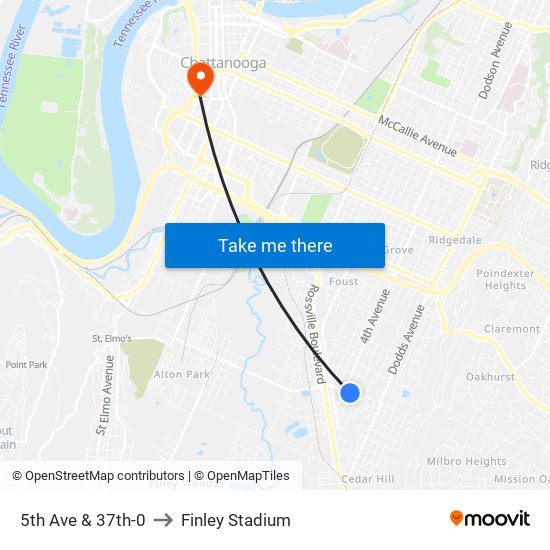 5th Ave & 37th-0 to Finley Stadium map