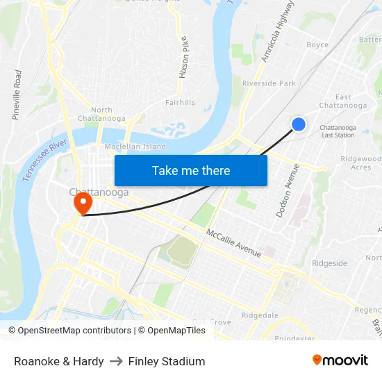 Roanoke & Hardy to Finley Stadium map