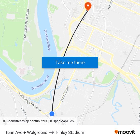 Tenn Ave + Walgreens to Finley Stadium map