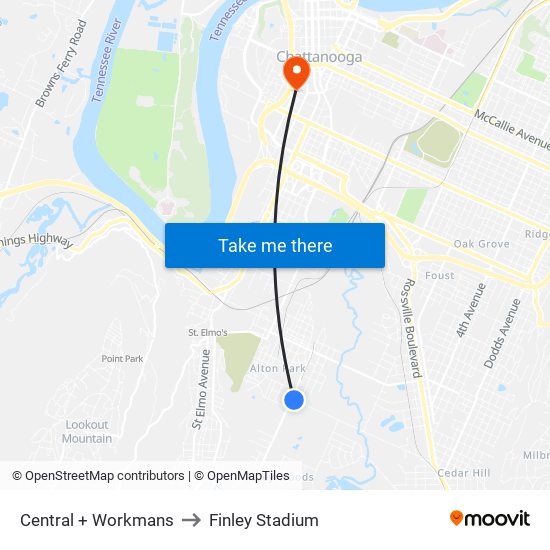 Central + Workmans to Finley Stadium map