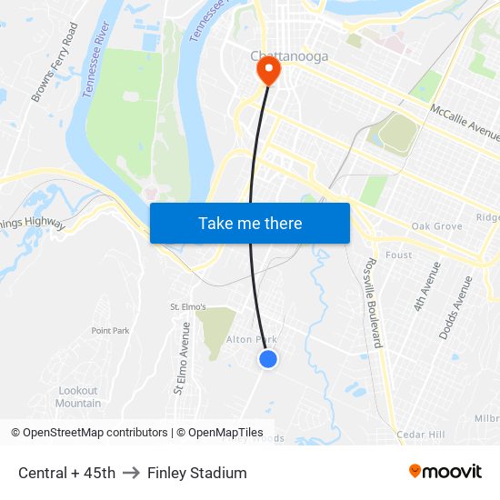 Central + 45th to Finley Stadium map