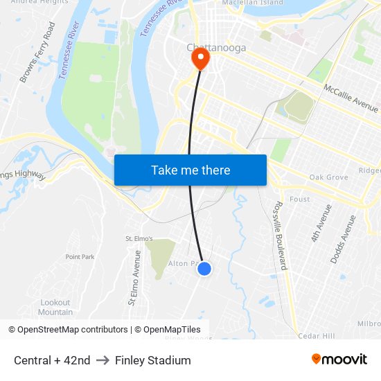 Central + 42nd to Finley Stadium map