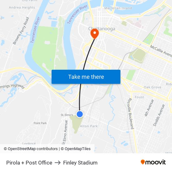 Pirola + Post Office to Finley Stadium map