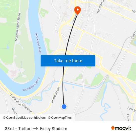 33rd + Tarlton to Finley Stadium map