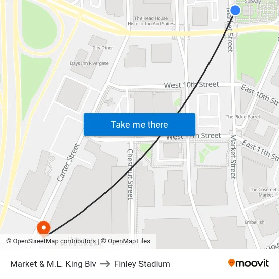 Market & M.L. King Blv to Finley Stadium map