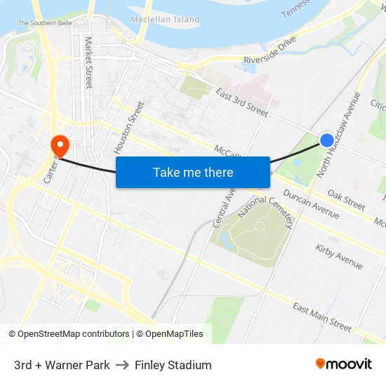 3rd + Warner Park to Finley Stadium map