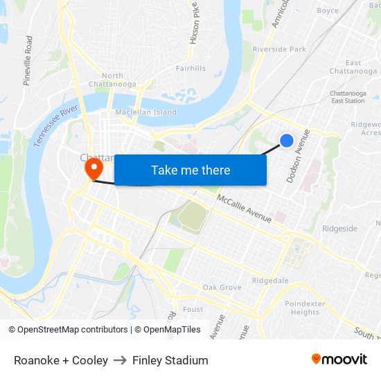 Roanoke + Cooley to Finley Stadium map