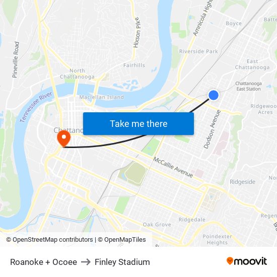 Roanoke + Ocoee to Finley Stadium map