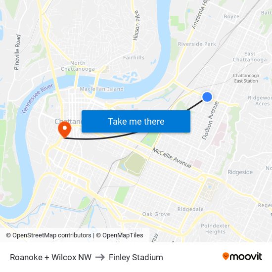 Roanoke + Wilcox NW to Finley Stadium map