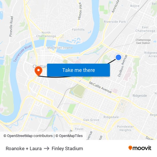 Roanoke + Laura to Finley Stadium map