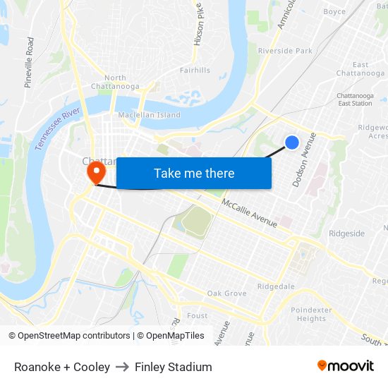 Roanoke + Cooley to Finley Stadium map