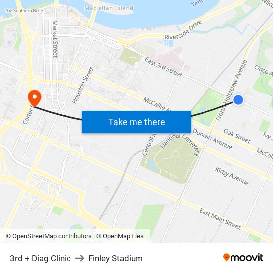 3rd + Diag Clinic to Finley Stadium map