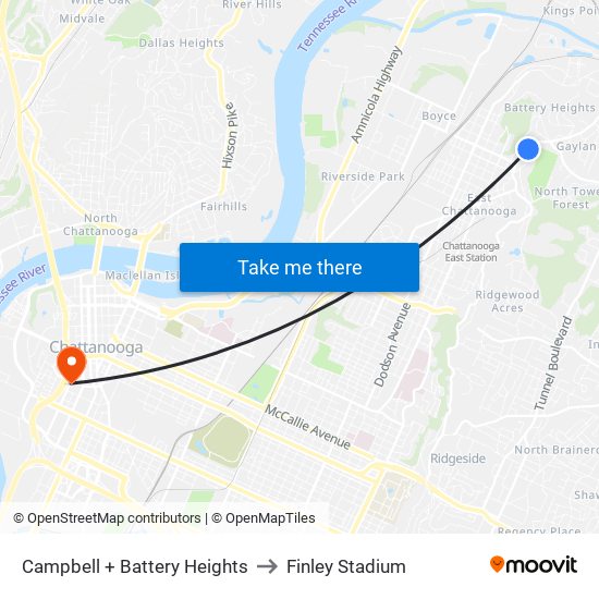 Campbell + Battery Heights to Finley Stadium map