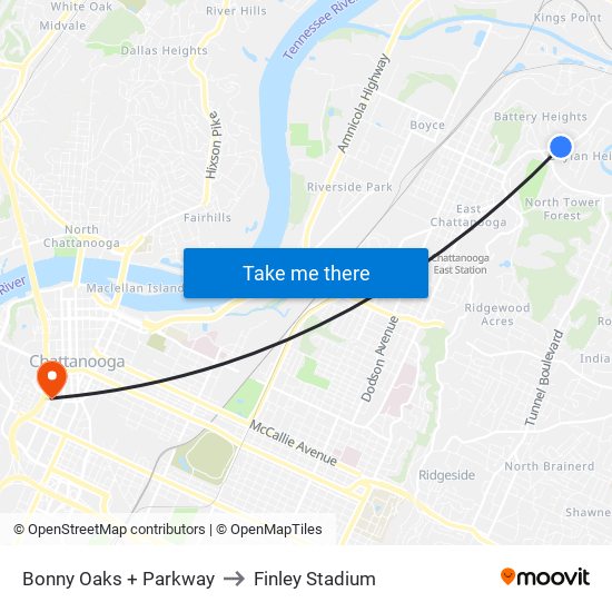 Bonny Oaks + Parkway to Finley Stadium map