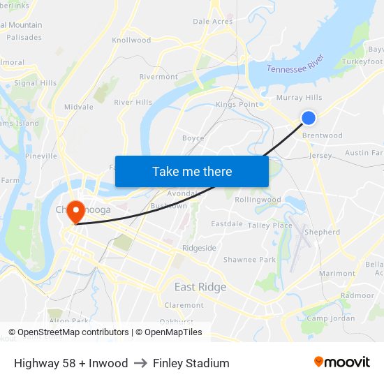 Highway 58 + Inwood to Finley Stadium map
