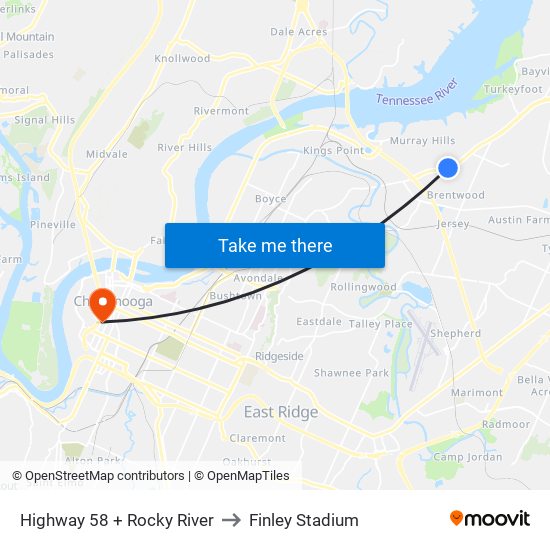 Highway 58 + Rocky River to Finley Stadium map