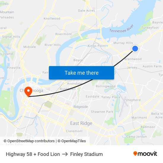 Highway 58 + Food Lion to Finley Stadium map