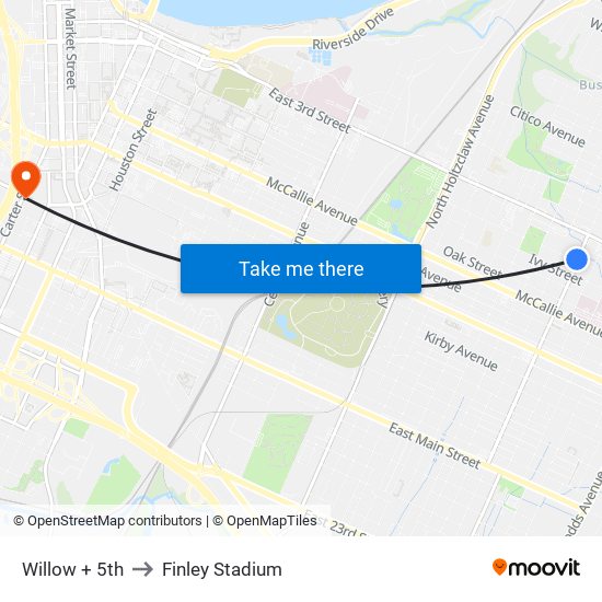 Willow + 5th to Finley Stadium map