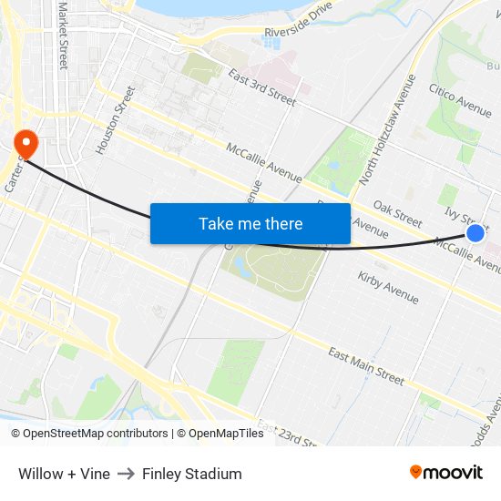 Willow + Vine to Finley Stadium map