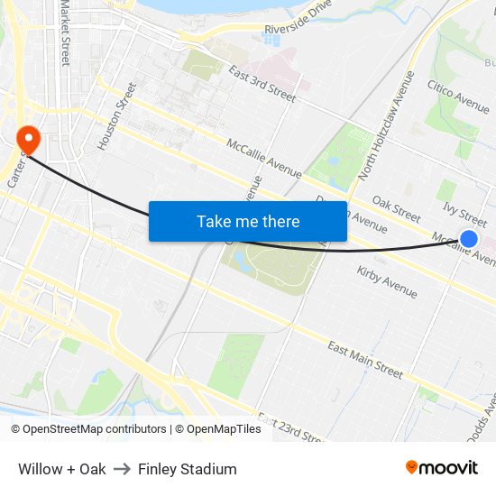 Willow + Oak to Finley Stadium map
