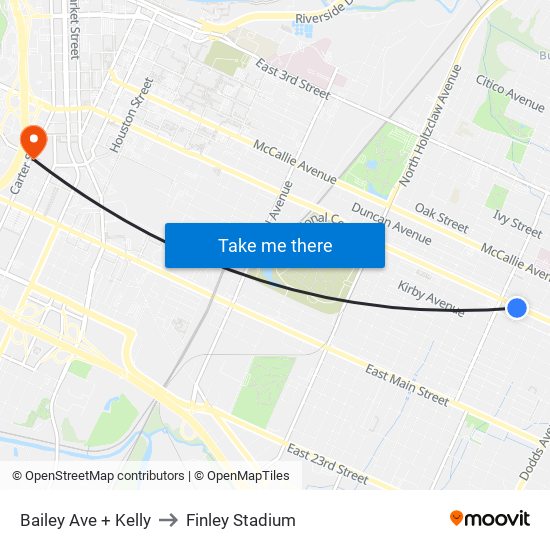 Bailey Ave + Kelly to Finley Stadium map