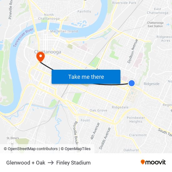 Glenwood + Oak to Finley Stadium map