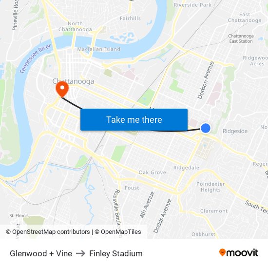 Glenwood + Vine to Finley Stadium map