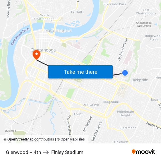 Glenwood + 4th to Finley Stadium map