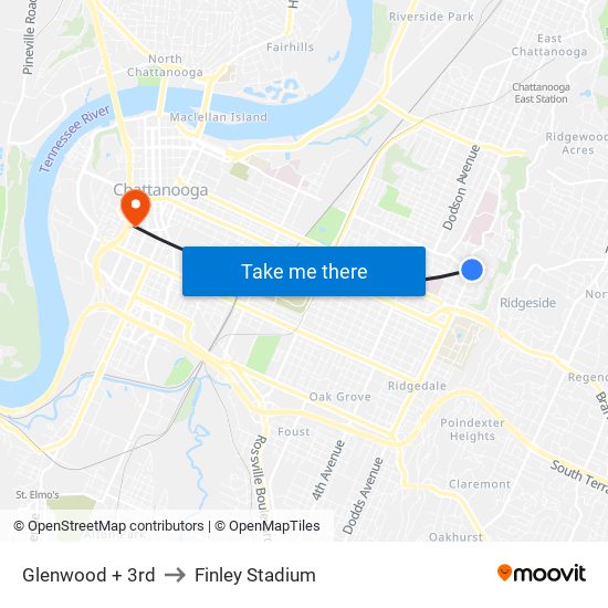 Glenwood + 3rd to Finley Stadium map