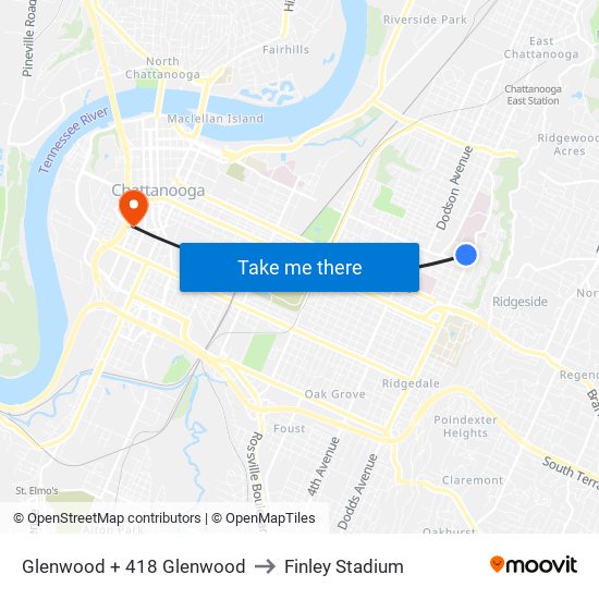 Glenwood + 418 Glenwood to Finley Stadium map