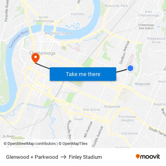 Glenwood + Parkwood to Finley Stadium map