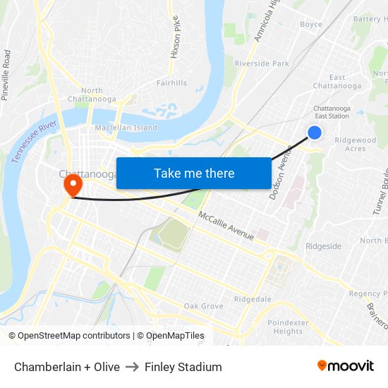 Chamberlain + Olive to Finley Stadium map