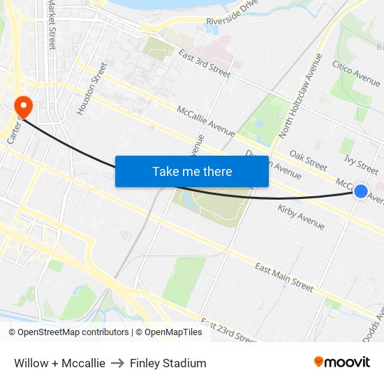 Willow + Mccallie to Finley Stadium map