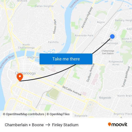 Chamberlain + Boone to Finley Stadium map