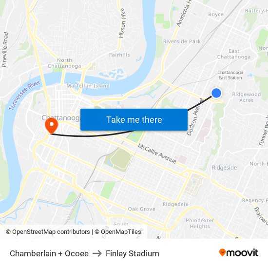 Chamberlain + Ocoee to Finley Stadium map