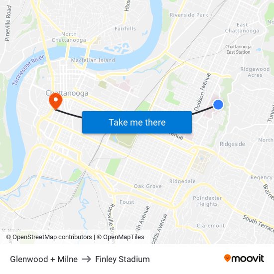 Glenwood + Milne to Finley Stadium map