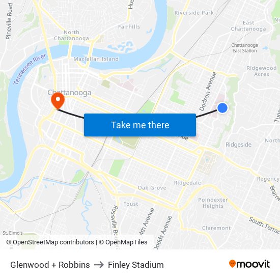 Glenwood + Robbins to Finley Stadium map