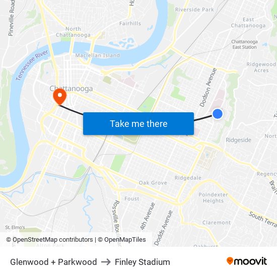 Glenwood + Parkwood to Finley Stadium map