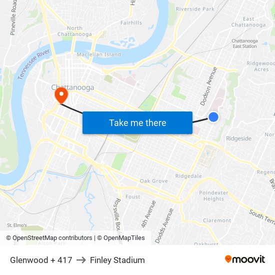 Glenwood + 417 to Finley Stadium map