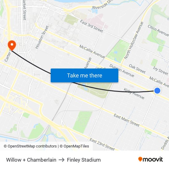 Willow + Chamberlain to Finley Stadium map